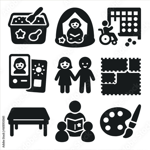 Inclusive Kids' Activities Icons. Solid, filled icons set of inclusive children’s activities: sensory toy bin,