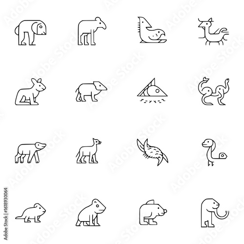 Minimalist animal icon set: elephant, tapir, fish, scorpion, dingo, coati, crab, dinosaur, and more. Simple black outline vector illustrations on white background. Collection of 16 graphic design elem