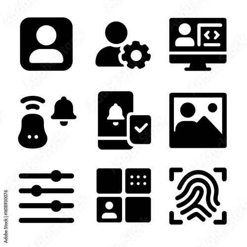 Personalized Technology Icons. Solid, filled icon set of personalized technology: custom avatar, profile settings, personalized