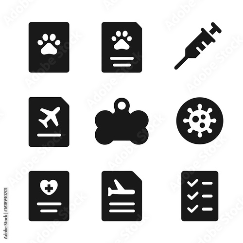 Pet Travel Documents Icons. Solid, filled icon set of pet travel documents: pet passport, health certificate, vaccine proof,