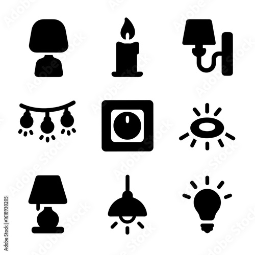 Indoor Ambiance Icons. Solid, filled icons set of indoor ambiance lighting: mood lamp, glowing candle, wall