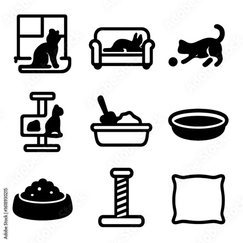 Indoor Cat Icon Set. Solid, filled icon set of indoor cats: window perch, couch, indoor play, cat tree, litter box, water dish,