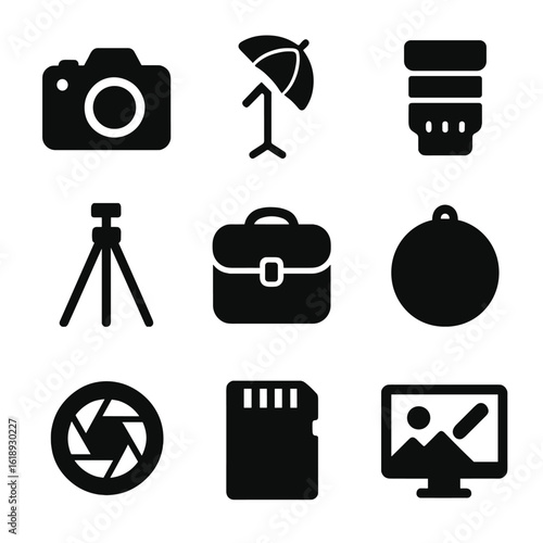 Photography Equipment Icons. Solid, filled icon set of family photography equipment: DSLR camera, lighting umbrella, lens, tripod,
