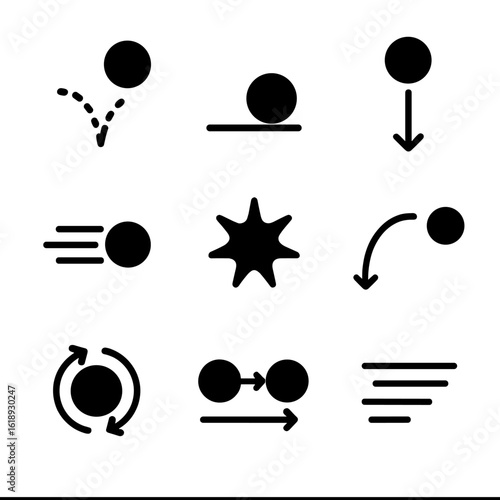 Physics Ball Icons. Solid, filled icon set of ball movement and physics: bouncing ball, rolling ball, dropped ball, fast-moving