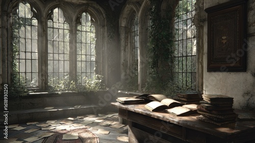 Sunlit, overgrown, antique room