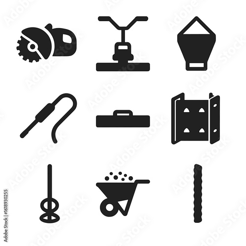Industrial Concrete Icons. Solid, filled icons set of industrial concrete work: concrete saw, power screed,