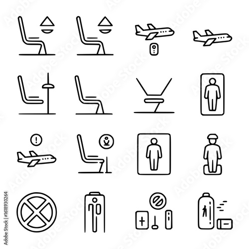 Airplane safety and comfort icon set. Vector line art illustrations of airplane seats, safety belts, overhead compartments, tray tables, emergency exits, standing person signs, pilot, security checkpo
