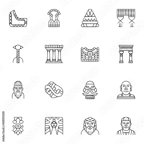 Ancient history monochrome icon set: Chichen Itza, aqueduct, pyramid, Inca weaving, Mjolnir, Parthenon, gate, arch, Viking, knotted symbol, mask, Roman bust, rosette, Mayan calendar, philosopher, apos