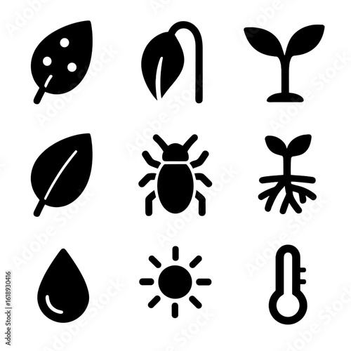 Plant Health Icons. Solid, filled icon set of Plant health indicators: leaf with spots, drooping leaf, new sprout, yellow leaf,