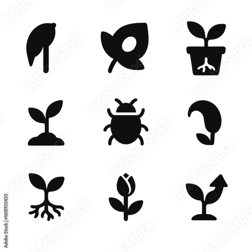 Plant Health Icons. Solid, filled icon set of plant health signs: wilting leaf, yellow spot, root rot, new sprout, pest icon, leaf