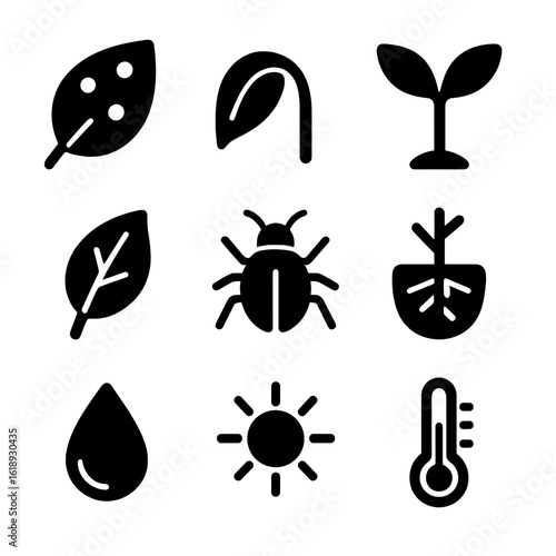 Plant Health Icons. Solid, filled icon set of Plant health indicators: leaf with spots, drooping leaf, new sprout, yellow leaf,