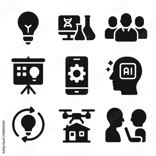 Innovation Icons Grid. Solid, filled icons set of innovation and tech adoption: lightbulb icon, digital lab, R