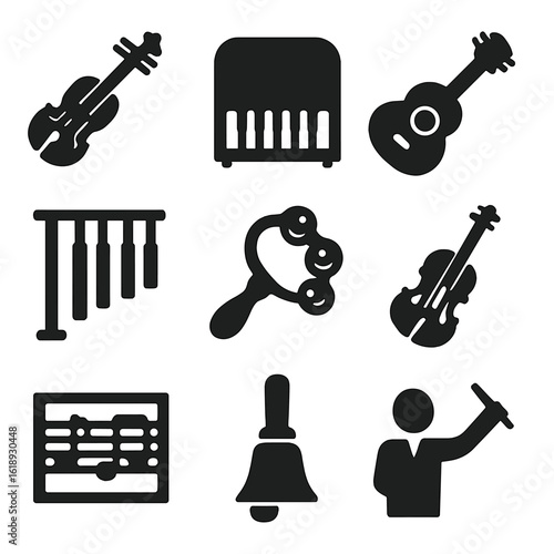 Instrumental Icon Set. Solid, filled icons set of instrumental holiday melodies: violin, piano, acoustic