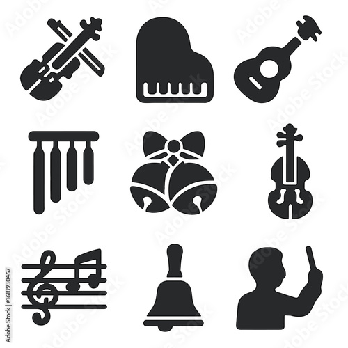 Instrumental Icon Set. Solid, filled icons set of instrumental holiday melodies: violin, piano, acoustic