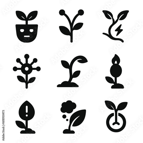 Intelligent Plant Icons. Solid, filled icon set of intelligent plants: aware plant face, sensing antenna, electric vine, plant