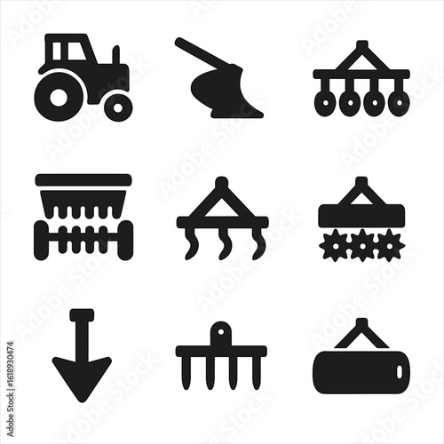 Plowing Equipment Icons. Solid, filled icon set of plowing equipment: tractor, plow blade, disc harrow, seed drill, cultivator,