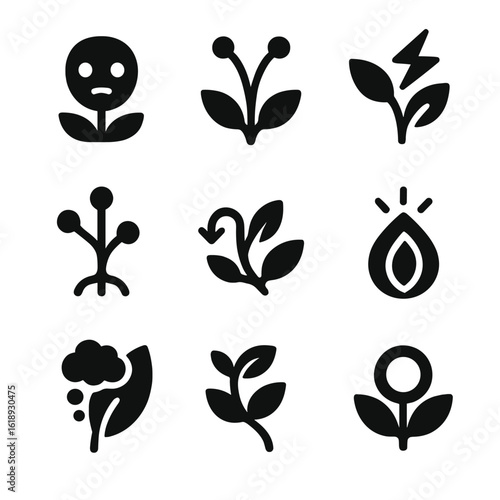 Intelligent Plant Icons. Solid, filled icon set of intelligent plants: aware plant face, sensing antenna, electric vine, plant