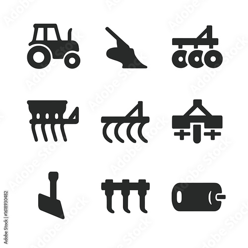Plowing Equipment Icons. Solid, filled icon set of plowing equipment: tractor, plow blade, disc harrow, seed drill, cultivator,