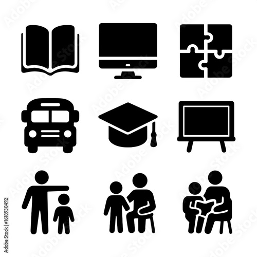 Intergenerational Learning Icons. Solid, filled icon set of intergenerational learning and teaching: book, computer, puzzle,