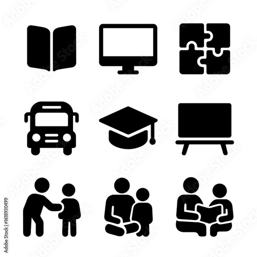 Intergenerational Learning Icons. Solid, filled icon set of intergenerational learning and teaching: book, computer, puzzle,