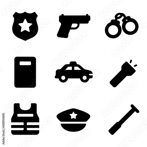 Police Raid Icons. Solid, filled icon set of police officers during a raid: police badge, gun, handcuffs, riot shield, police car,