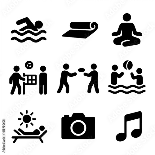 Poolside Activity Icons. Solid, filled icon set of poolside party activities: swimming, yoga mat, meditation pose, water