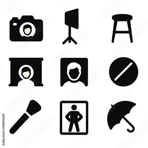 Portrait Photography Icons. Solid, filled icon set of portrait photography: camera with face icon, softbox light, stool,
