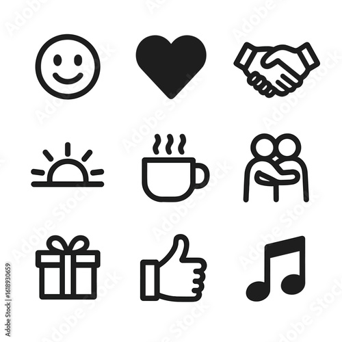 Positive Moments Icons. Solid, filled icon set of positive emotional moments in daily life: smiling face, heart, handshake,