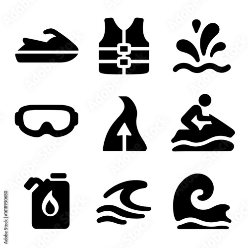 Jet Ski Icons. Solid, filled icons set of jet skiing: jet ski, life vest, splash wave, throttle grip, safety