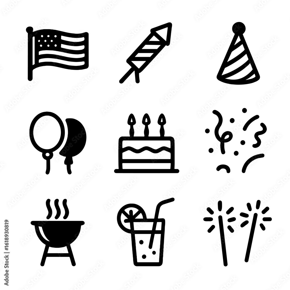 Fototapeta premium July Holiday Icons. Solid, filled icon set of July holidays and celebrations: Independence Day flag, fireworks rocket, party hat,