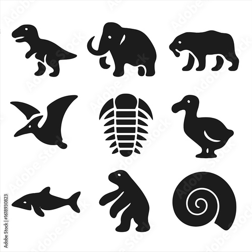Prehistoric Animal Icons. Solid, filled icon set of prehistoric animal silhouettes: dinosaur, mammoth, saber-toothed tiger,
