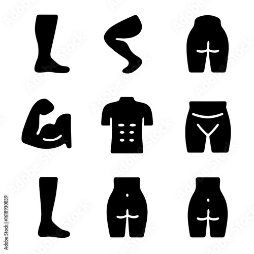 Jumping Jacks Muscles Icons. Solid, filled icon set of Jumping jacks muscle groups: calves, quadriceps, hamstrings, glutes,
