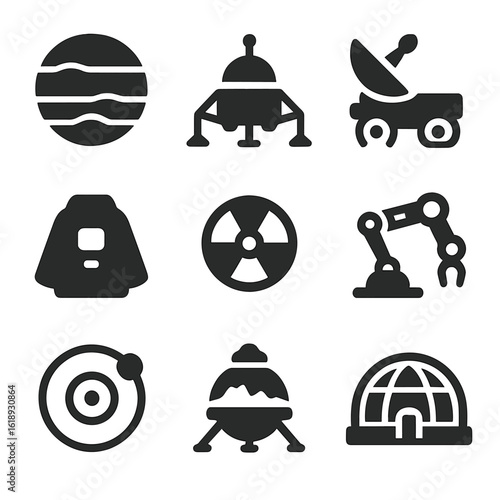 Jupiter Mission Icons. Solid, filled icons set of crewed missions to Jupiter and its moons: Jupiter icon,