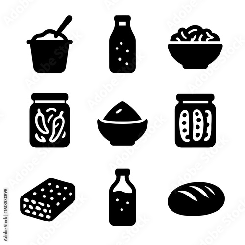 Probiotic Foods Icons. Solid, filled icon set of probiotic foods: yogurt, kefir, sauerkraut, kimchi, miso, pickles, tempeh,