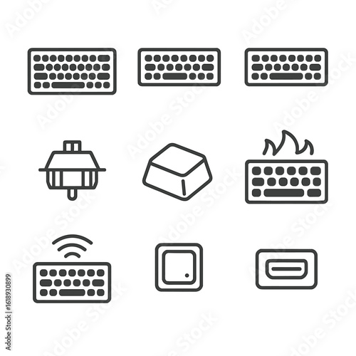 Keyboard Layout Icons. Outline icon set of device key layouts: full keyboard, tenkeyless keyboard, 60% keyboard, mechanical switch