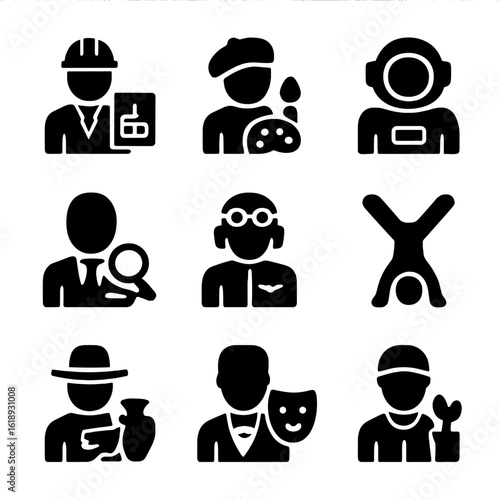 Profession Icons Grid. Solid, filled icon set of A professions: architect, artist, astronaut, auditor, aviator, acrobat,