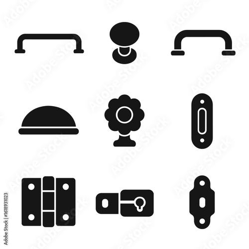 Kitchen Hardware Icons. Solid, filled icon set of kitchen cabinet hardware: handlebar, round knob, pull handle, cup pull,