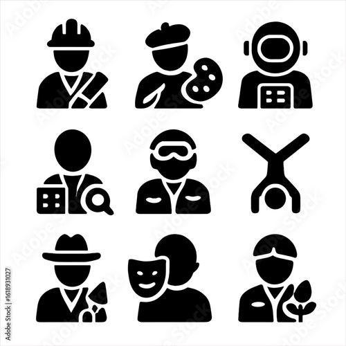 Profession Icons Grid. Solid, filled icon set of A professions: architect, artist, astronaut, auditor, aviator, acrobat,