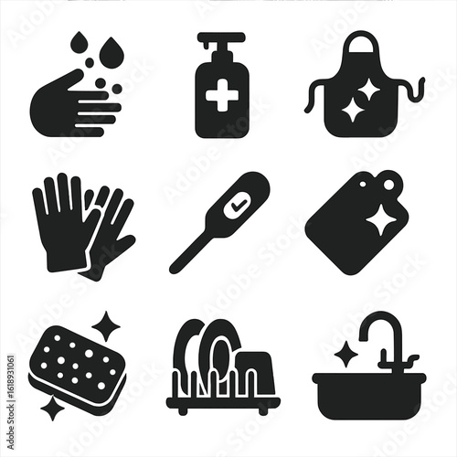 Kitchen Hygiene Icons. Solid, filled icons set of kitchen hygiene practices: hand washing, sanitizer bottle,