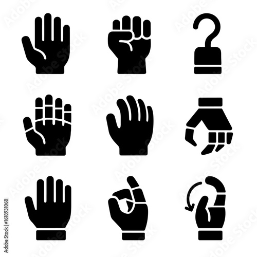 Prosthetic Hand Icons. Solid, filled icon set of prosthetic gripping hands: open palm, clenched fist, hook hand, articulated