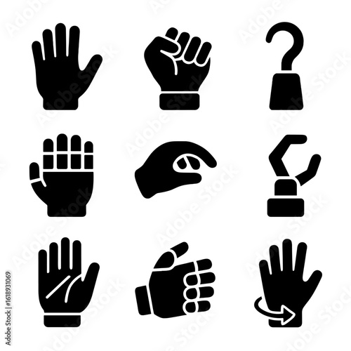 Prosthetic Hand Icons. Solid, filled icon set of prosthetic gripping hands: open palm, clenched fist, hook hand, articulated