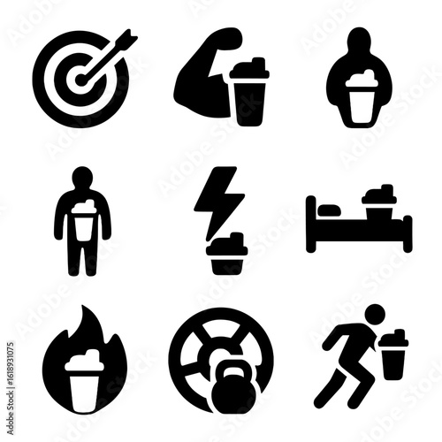 Protein Goals Icons. Solid, filled icon set of protein intake goals: daily target, muscle growth, fat loss, maintenance, energy