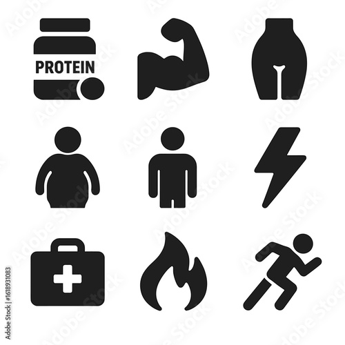 Protein Goals Icons. Solid, filled icon set of protein intake goals: daily target, muscle growth, fat loss, maintenance, energy