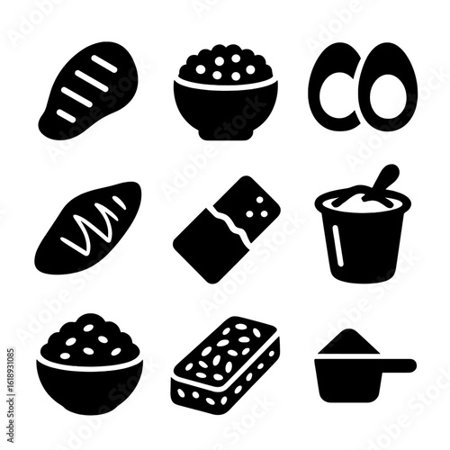 Protein Meal Icons. Solid, filled icon set of protein-rich prep meals: grilled chicken, lentil bowl, boiled eggs, fish fillet,