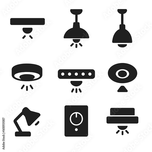 Kitchen Light Fixtures Icons. Solid, filled icons set of kitchen ceiling light fixtures: under-cabinet light,