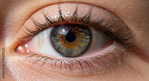 Close-up of an eye blinking slowly, visible eyelashes and skin texture, natural lighting, macro lens effect.
