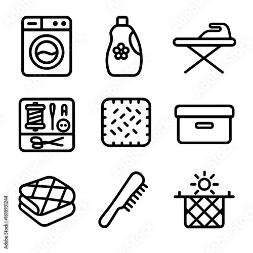 Quilt Care Icons. Solid, filled icon set of Quilt care and maintenance: washing machine, fabric softener, ironing board, sewing