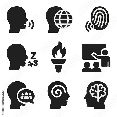 Language Transmission Icons. Solid, filled icons set of language transmission through speech: dialect wave,