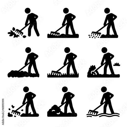 Raking Action Icons. Solid, filled icon set of raking actions: gathering leaves, smoothing soil, leveling gravel, pulling mulch,
