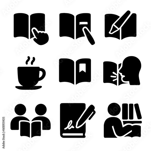 Reading Activities Icons. Solid, filled icon set of reading activities: page turning, highlighting text, note taking, sipping